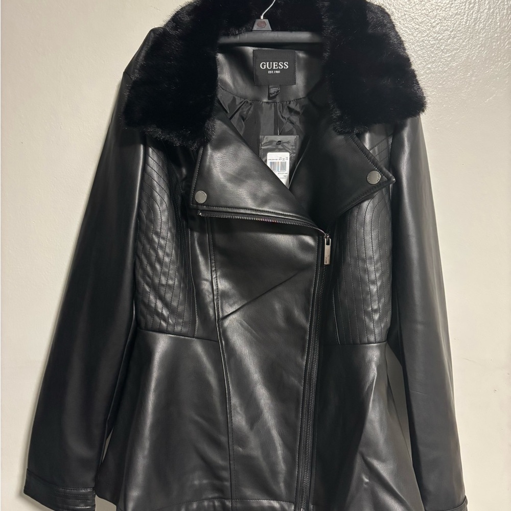 GUESS Womens Peplum PU Leather Jacket Fur Collar Size Large